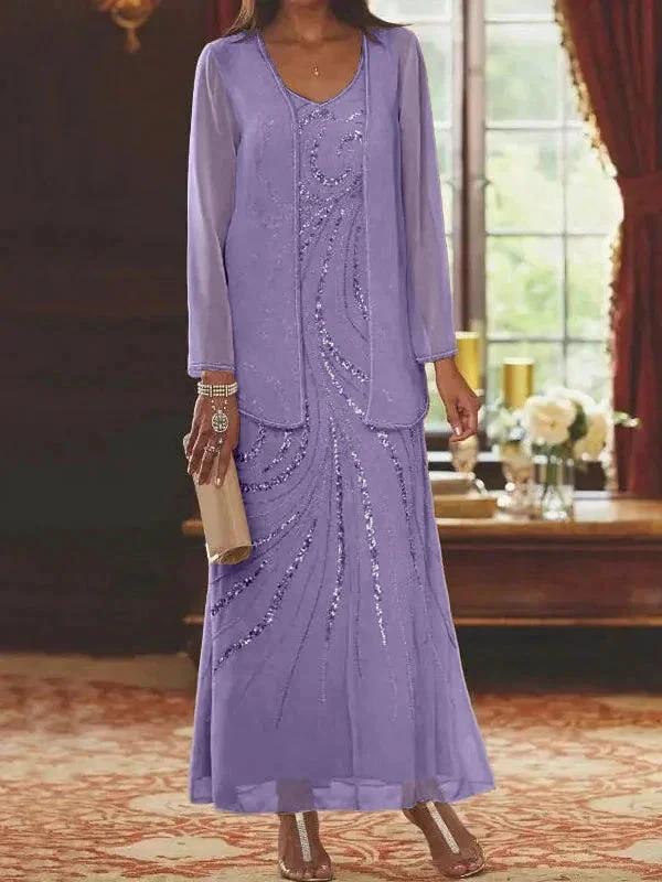 Sheath/Column V-Neck Ankle-Length Mother of the Bride Dresses with Jacket &amp; Sequins by Dreamylily