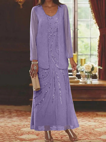 Vestidos de madre de la novia con escote en V, largo hasta los tobillos, con corte tubo/columna, chaqueta y lentejuelas 