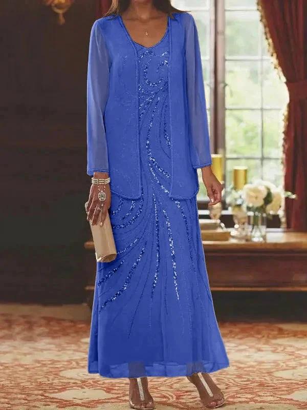 Sheath/Column V-Neck Ankle-Length Mother of the Bride Dresses with Jacket &amp; Sequins by Dreamylily