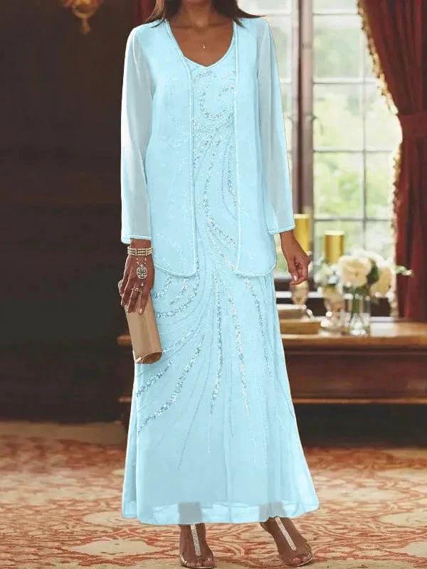 Sheath/Column V-Neck Ankle-Length Mother of the Bride Dresses with Jacket &amp; Sequins by Dreamylily