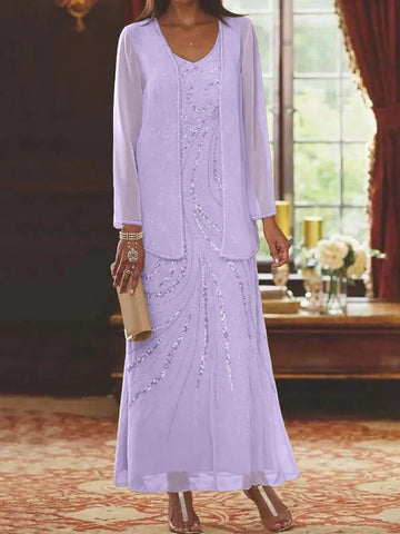 Vestidos de madre de la novia con escote en V, largo hasta los tobillos, con corte tubo/columna, chaqueta y lentejuelas 