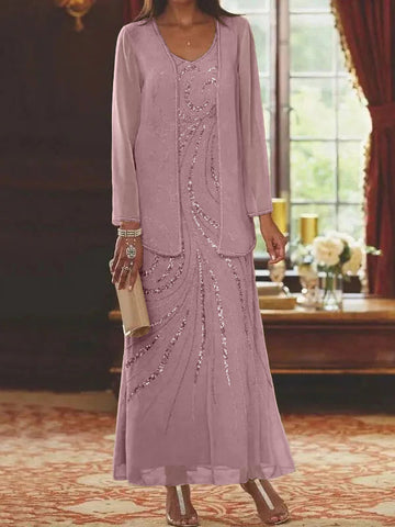 Vestidos de madre de la novia con escote en V, largo hasta los tobillos, con corte tubo/columna, chaqueta y lentejuelas 