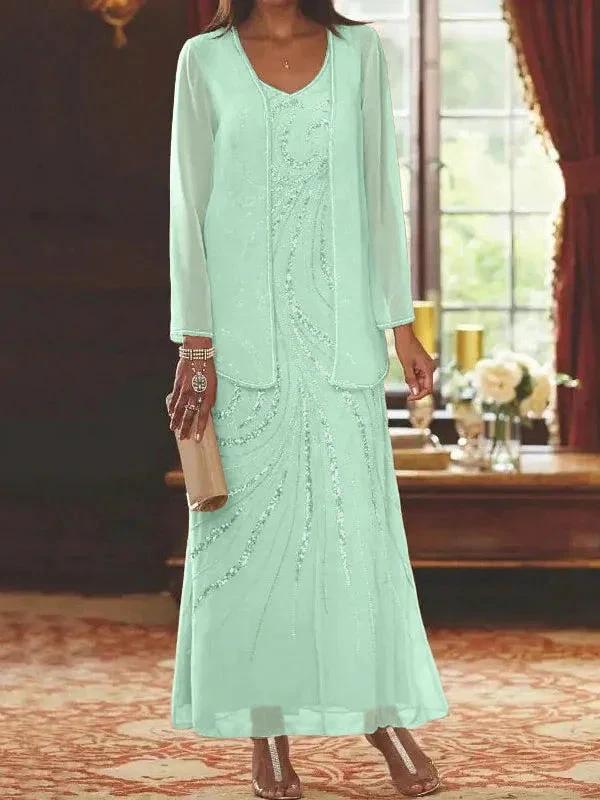 Sheath/Column V-Neck Ankle-Length Mother of the Bride Dresses with Jacket &amp; Sequins by Dreamylily