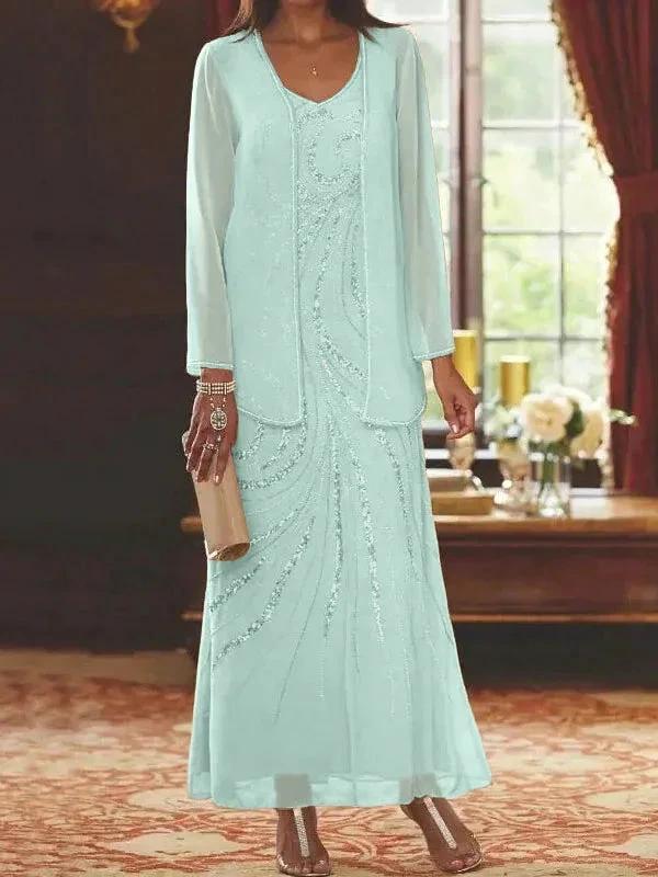 Sheath/Column V-Neck Ankle-Length Mother of the Bride Dresses with Jacket &amp; Sequins by Dreamylily