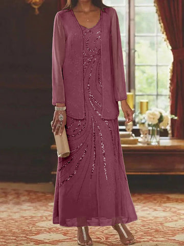 Vestidos de madre de la novia con escote en V, largo hasta los tobillos, con corte tubo/columna, chaqueta y lentejuelas 