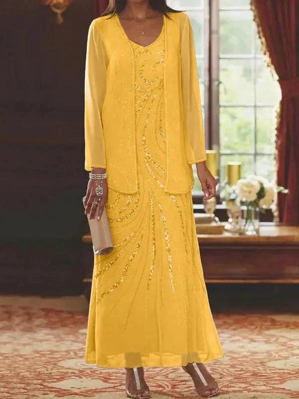 Sheath/Column V-Neck Ankle-Length Mother of the Bride Dresses with Jacket &amp; Sequins by Dreamylily