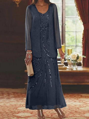 Vestidos de madre de la novia con escote en V, largo hasta los tobillos, con corte tubo/columna, chaqueta y lentejuelas 