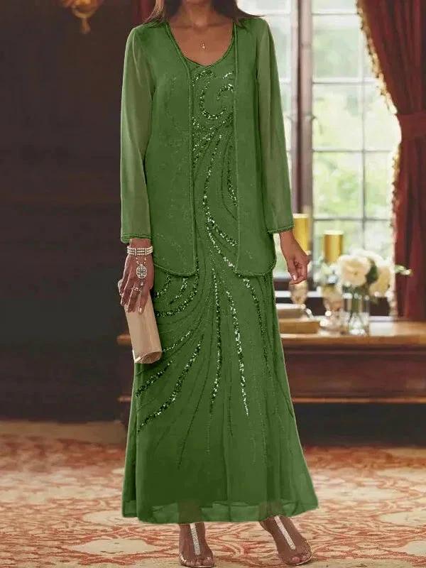 Sheath/Column V-Neck Ankle-Length Mother of the Bride Dresses with Jacket &amp; Sequins by Dreamylily