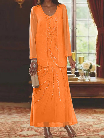Vestidos de madre de la novia con escote en V, largo hasta los tobillos, con corte tubo/columna, chaqueta y lentejuelas 
