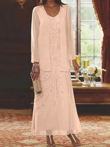 Vestidos de madre de la novia con escote en V, largo hasta los tobillos, con corte tubo/columna, chaqueta y lentejuelas 