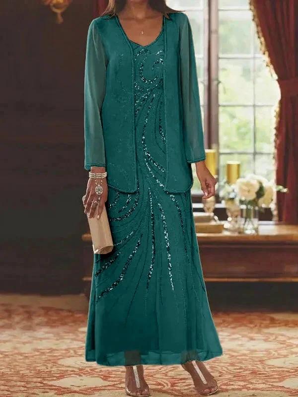 Sheath/Column V-Neck Ankle-Length Mother of the Bride Dresses with Jacket &amp; Sequins by Dreamylily