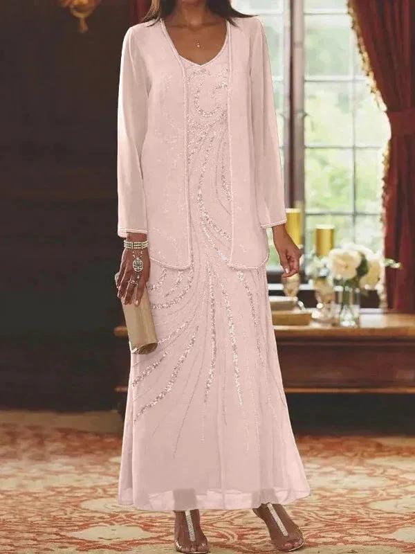 Sheath/Column V-Neck Ankle-Length Mother of the Bride Dresses with Jacket &amp; Sequins by Dreamylily