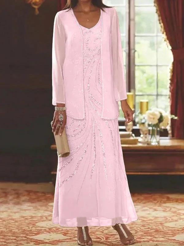 Sheath/Column V-Neck Ankle-Length Mother of the Bride Dresses with Jacket &amp; Sequins by Dreamylily
