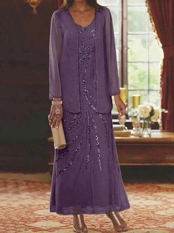 Sheath/Column V-Neck Ankle-Length Mother of the Bride Dresses with Jacket &amp; Sequins by Dreamylily