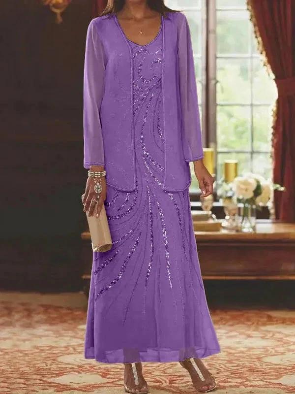Sheath/Column V-Neck Ankle-Length Mother of the Bride Dresses with Jacket &amp; Sequins by Dreamylily