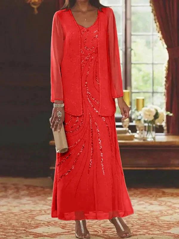 Sheath/Column V-Neck Ankle-Length Mother of the Bride Dresses with Jacket &amp; Sequins by Dreamylily