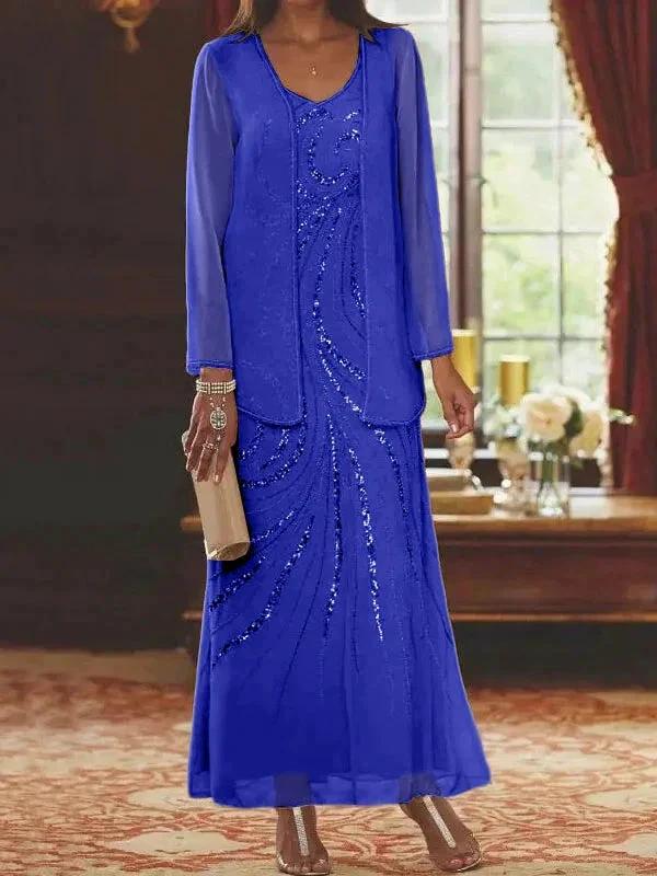 Sheath/Column V-Neck Ankle-Length Mother of the Bride Dresses with Jacket &amp; Sequins by Dreamylily