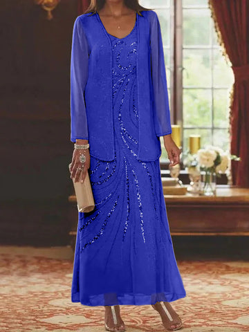 Vestidos de madre de la novia con escote en V, largo hasta los tobillos, con corte tubo/columna, chaqueta y lentejuelas 