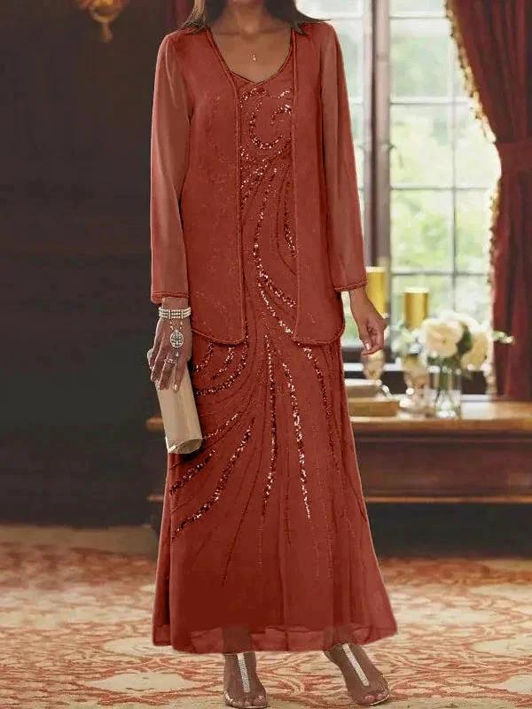 Sheath/Column V-Neck Ankle-Length Mother of the Bride Dresses with Jacket &amp; Sequins by Dreamylily
