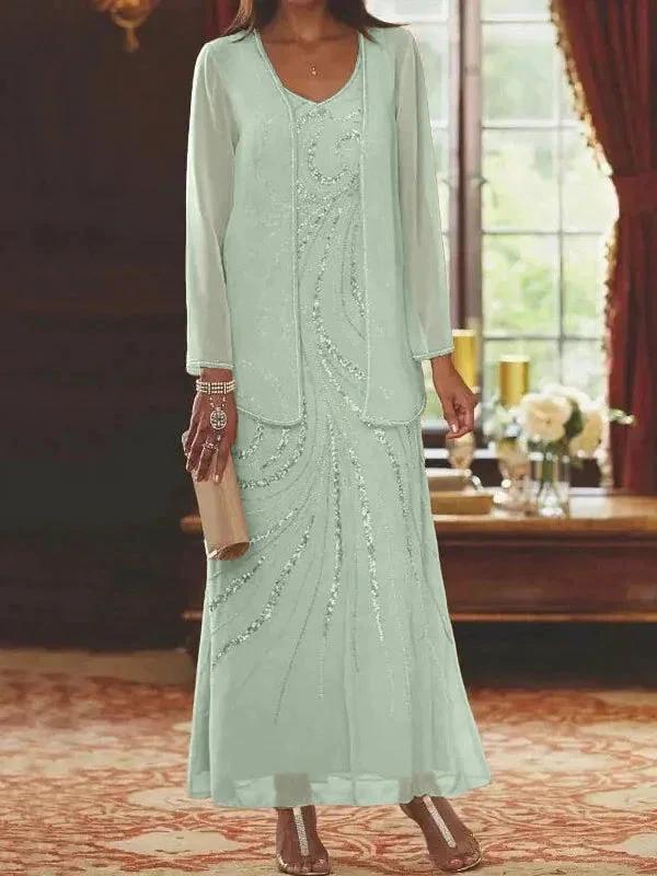 Sheath/Column V-Neck Ankle-Length Mother of the Bride Dresses with Jacket &amp; Sequins by Dreamylily