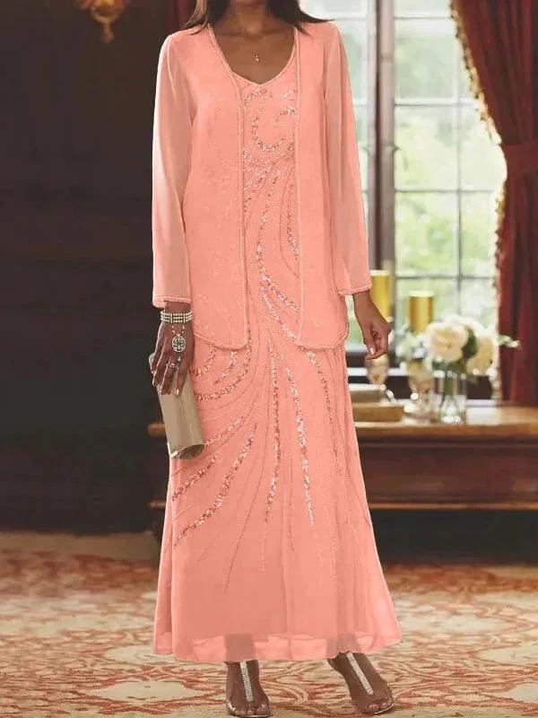 Sheath/Column V-Neck Ankle-Length Mother of the Bride Dresses with Jacket &amp; Sequins by Dreamylily