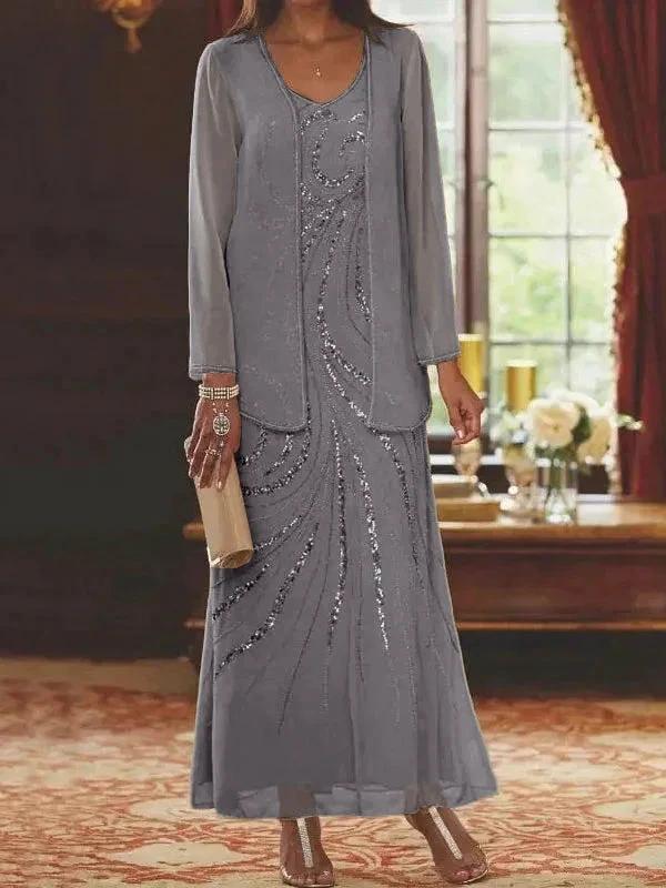 Sheath/Column V-Neck Ankle-Length Mother of the Bride Dresses with Jacket &amp; Sequins by Dreamylily