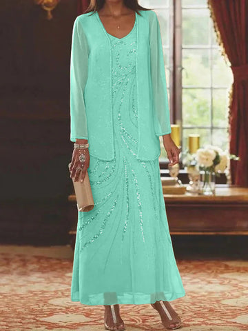 Vestidos de madre de la novia con escote en V, largo hasta los tobillos, con corte tubo/columna, chaqueta y lentejuelas 