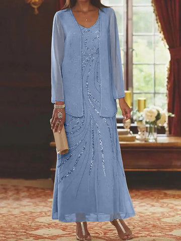 Vestidos de madre de la novia con escote en V, largo hasta los tobillos, con corte tubo/columna, chaqueta y lentejuelas 