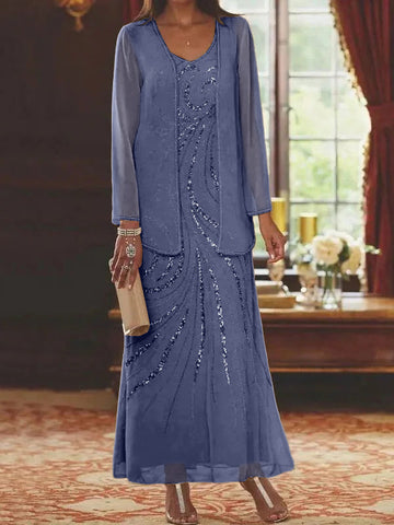 Vestidos de madre de la novia con escote en V, largo hasta los tobillos, con corte tubo/columna, chaqueta y lentejuelas 