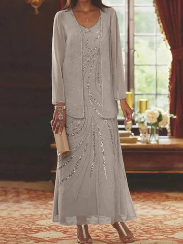 Vestidos de madre de la novia con escote en V, largo hasta los tobillos, con corte tubo/columna, chaqueta y lentejuelas 
