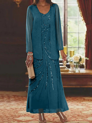 Vestidos de madre de la novia con escote en V, largo hasta los tobillos, con corte tubo/columna, chaqueta y lentejuelas 
