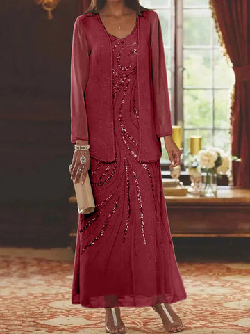 Vestidos de madre de la novia con escote en V, largo hasta los tobillos, con corte tubo/columna, chaqueta y lentejuelas 