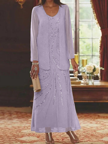 Vestidos de madre de la novia con escote en V, largo hasta los tobillos, con corte tubo/columna, chaqueta y lentejuelas 