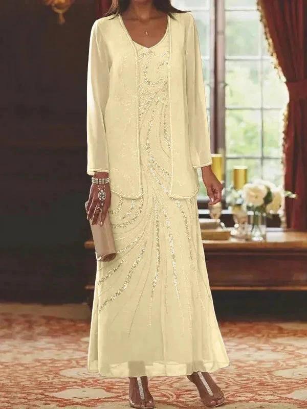 Sheath/Column V-Neck Ankle-Length Mother of the Bride Dresses with Jacket &amp; Sequins by Dreamylily