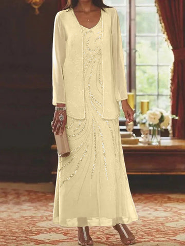 Vestidos de madre de la novia con escote en V, largo hasta los tobillos, con corte tubo/columna, chaqueta y lentejuelas 
