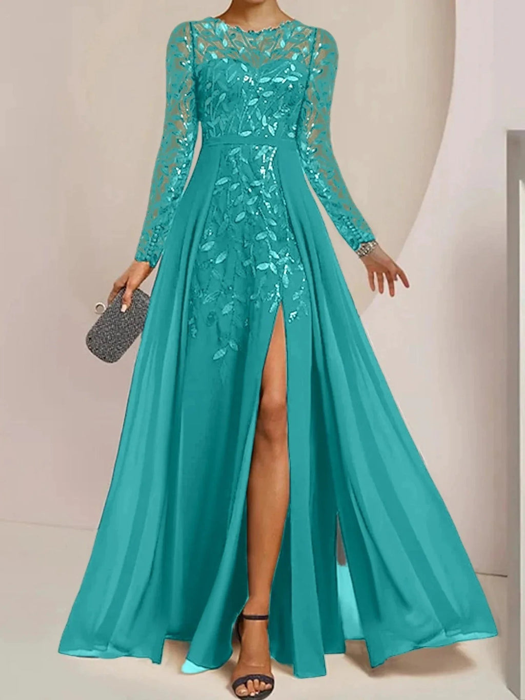 A-Line/Princess Scoop Floor-Length Mother of the Bride Dresses with Split Side Ruffles Sequins by Dreamylily