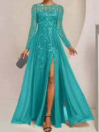 A-Line/Princess Scoop Floor-Length Mother of the Bride Dresses with Split Side Ruffles Sequins by Dreamylily