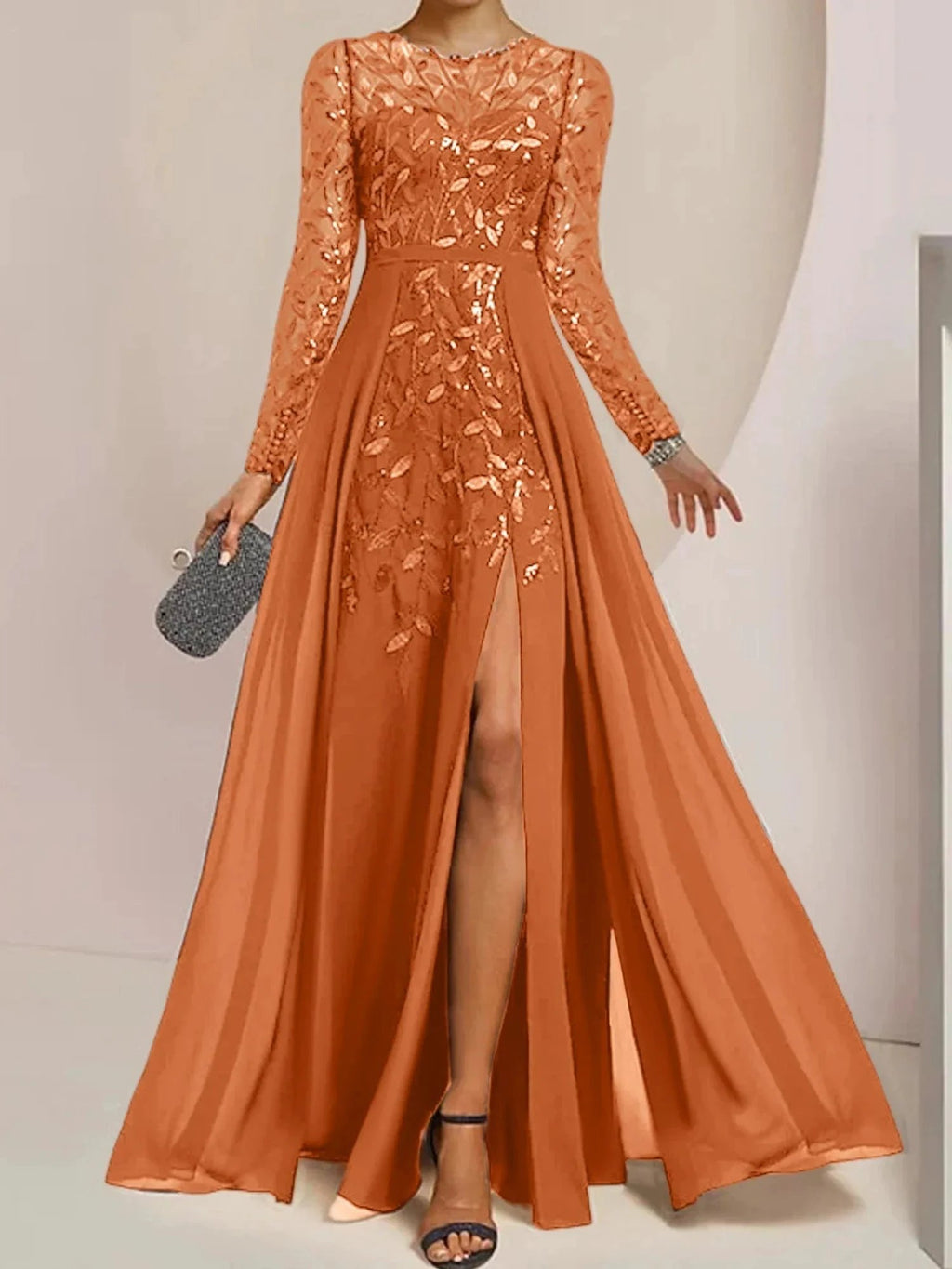 A-Line/Princess Scoop Floor-Length Mother of the Bride Dresses with Split Side Ruffles Sequins by Dreamylily