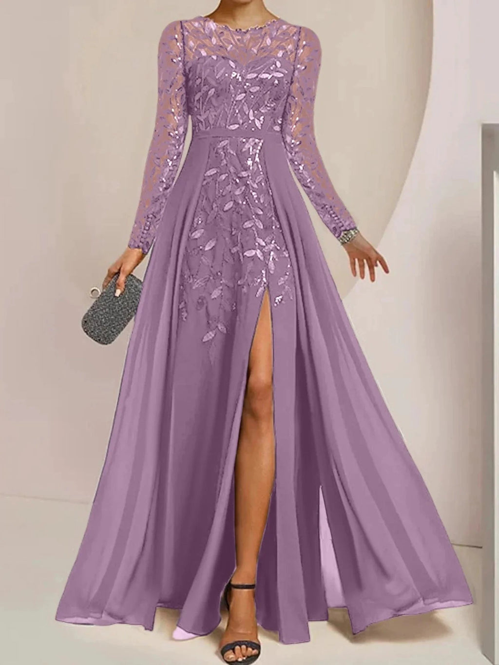 A-Line/Princess Scoop Floor-Length Mother of the Bride Dresses with Split Side Ruffles Sequins by Dreamylily