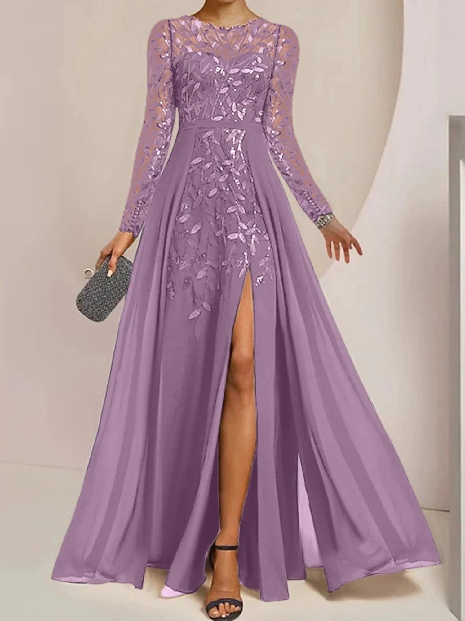 A-Line/Princess Scoop Floor-Length Mother of the Bride Dresses with Split Side Ruffles Sequins by Dreamylily