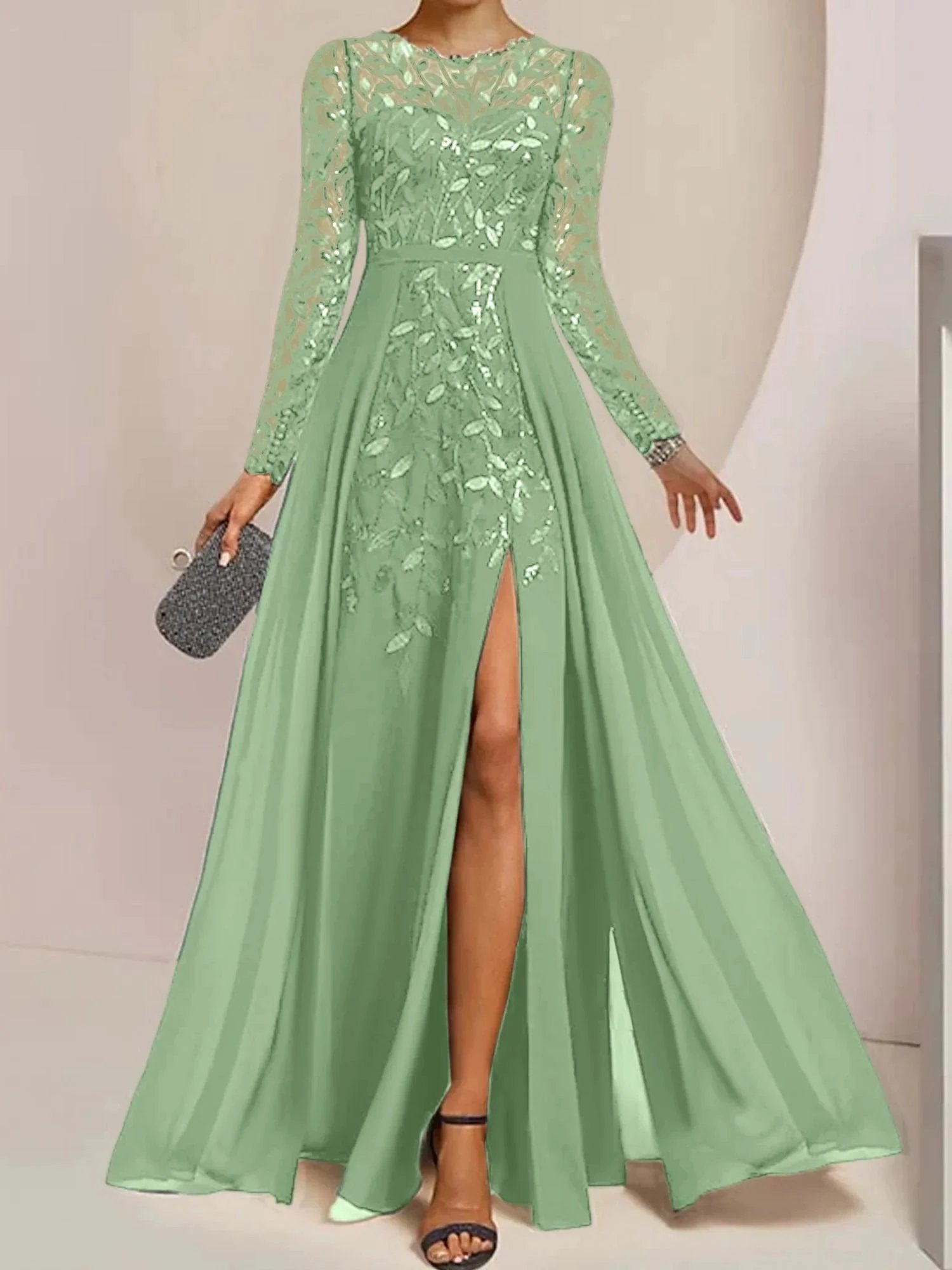 A-Line/Princess Scoop Floor-Length Mother of the Bride Dresses with Split Side Ruffles Sequins by Dreamylily