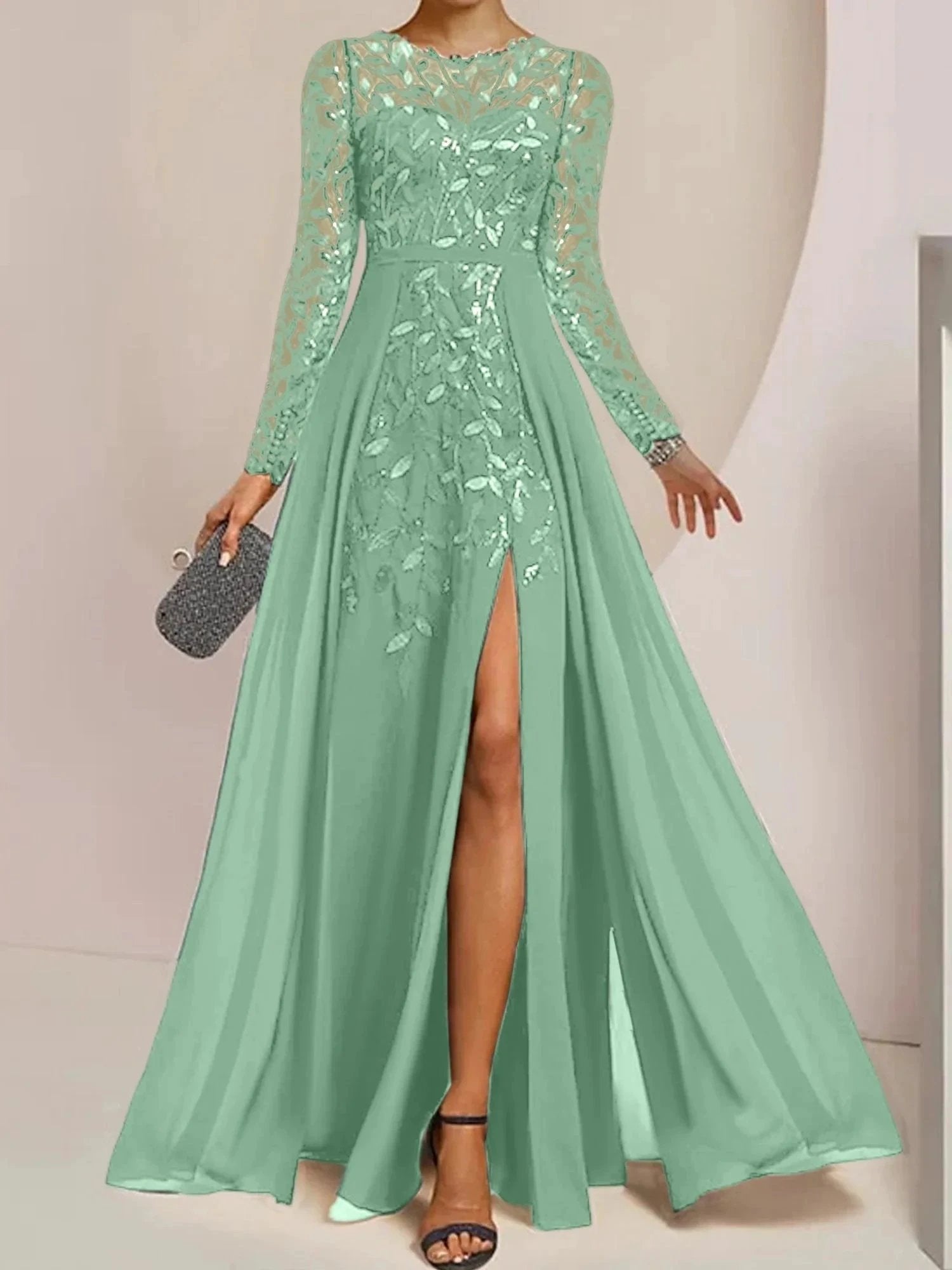 A-Line/Princess Scoop Floor-Length Mother of the Bride Dresses with Split Side Ruffles Sequins by Dreamylily