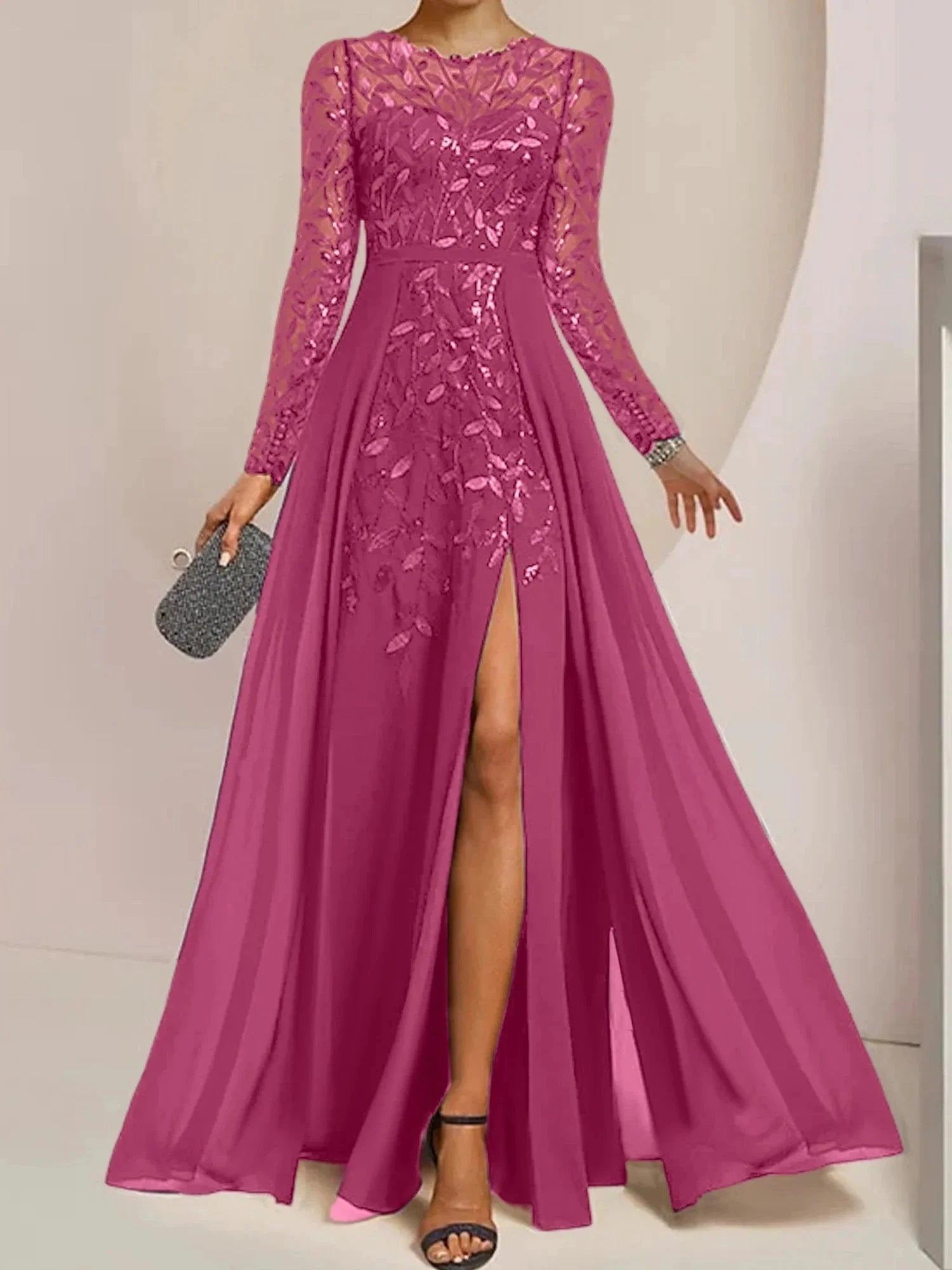 A-Line/Princess Scoop Floor-Length Mother of the Bride Dresses with Split Side Ruffles Sequins by Dreamylily