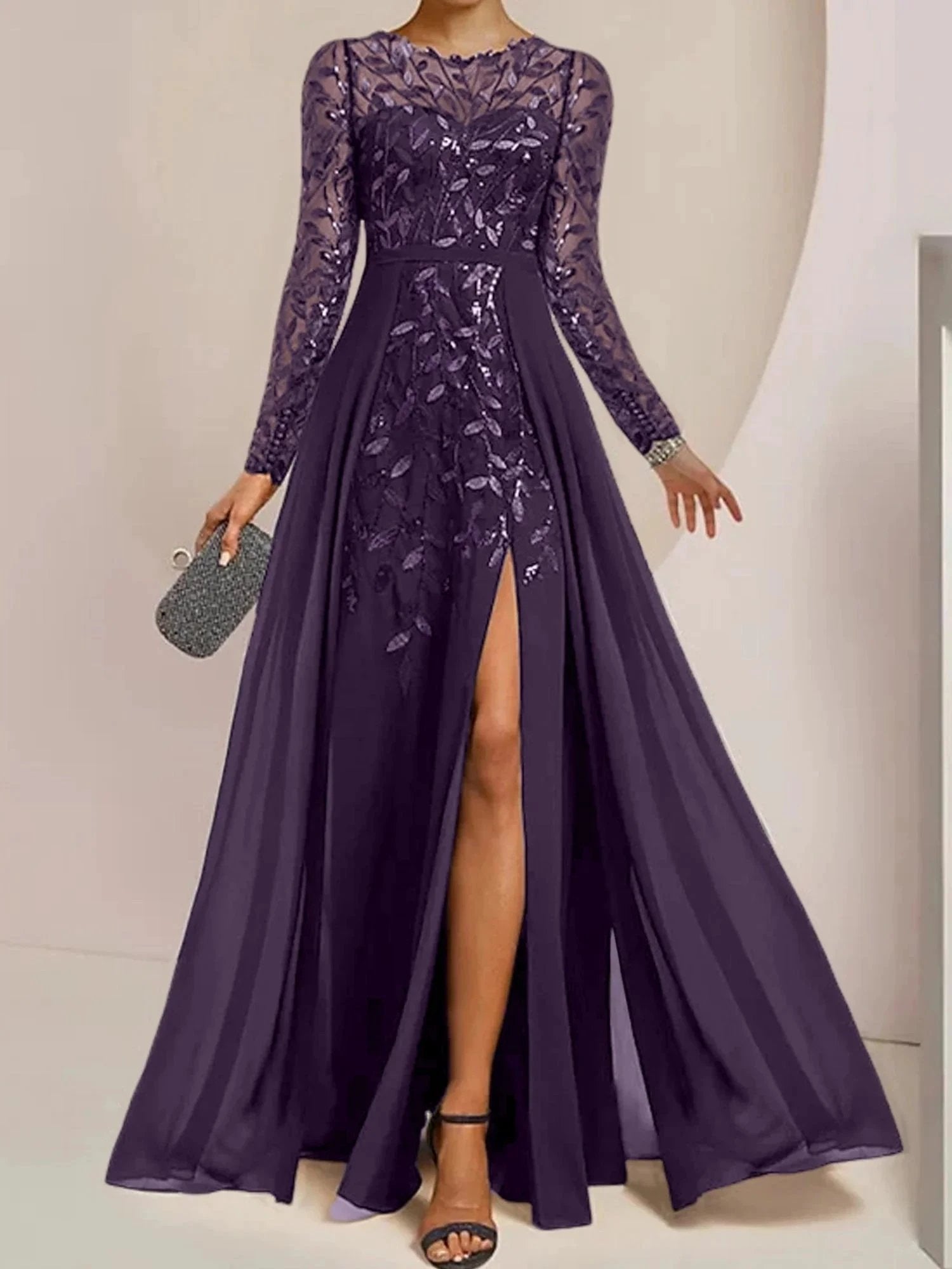 A-Line/Princess Scoop Floor-Length Mother of the Bride Dresses with Split Side Ruffles Sequins by Dreamylily