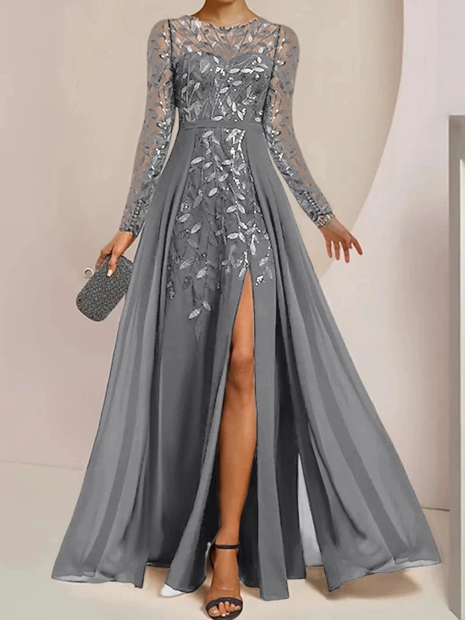 A-Line/Princess Scoop Floor-Length Mother of the Bride Dresses with Split Side Ruffles Sequins by Dreamylily