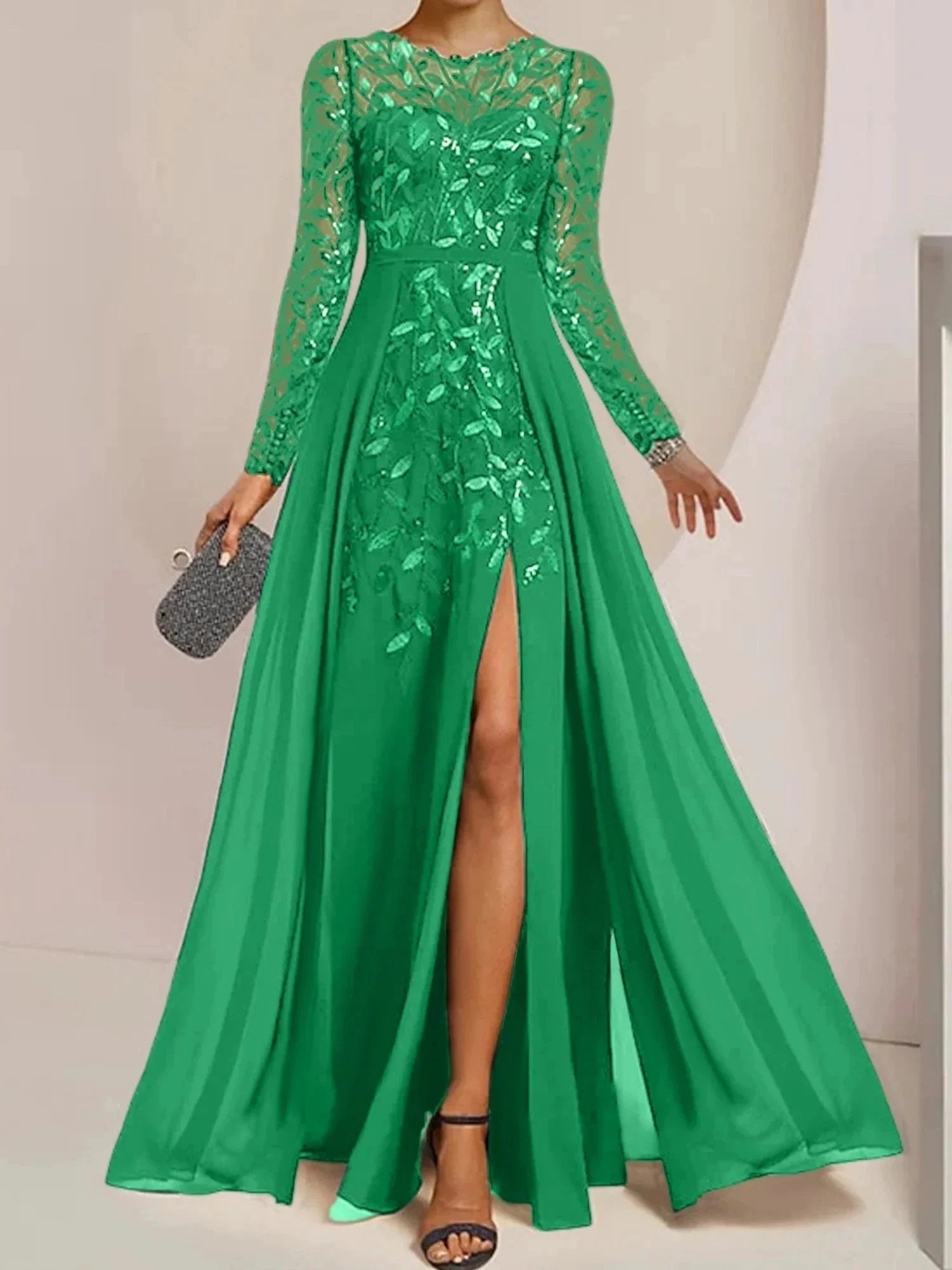 A-Line/Princess Scoop Floor-Length Mother of the Bride Dresses with Split Side Ruffles Sequins by Dreamylily
