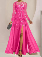 A-Line/Princess Scoop Floor-Length Mother of the Bride Dresses with Split Side Ruffles Sequins by Dreamylily