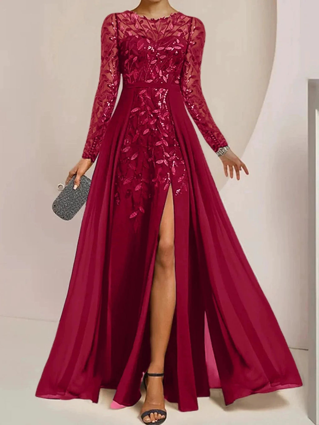 A-Line/Princess Scoop Floor-Length Mother of the Bride Dresses with Split Side Ruffles Sequins by Dreamylily