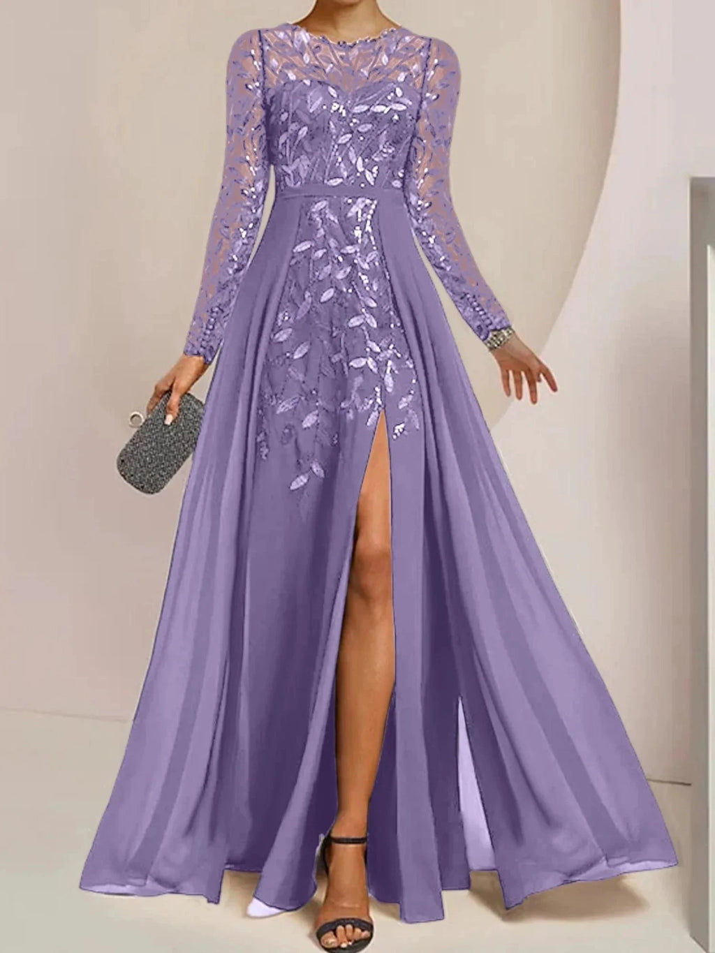 A-Line/Princess Scoop Floor-Length Mother of the Bride Dresses with Split Side Ruffles Sequins by Dreamylily