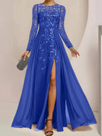 A-Line/Princess Scoop Floor-Length Mother of the Bride Dresses with Split Side Ruffles Sequins by Dreamylily